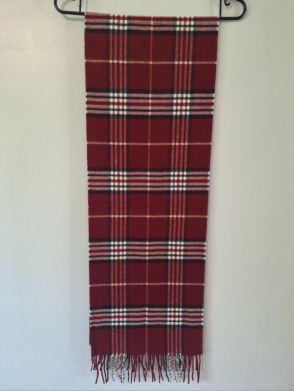 100% Cashmere Burgundy Plaid Fringe Scarf